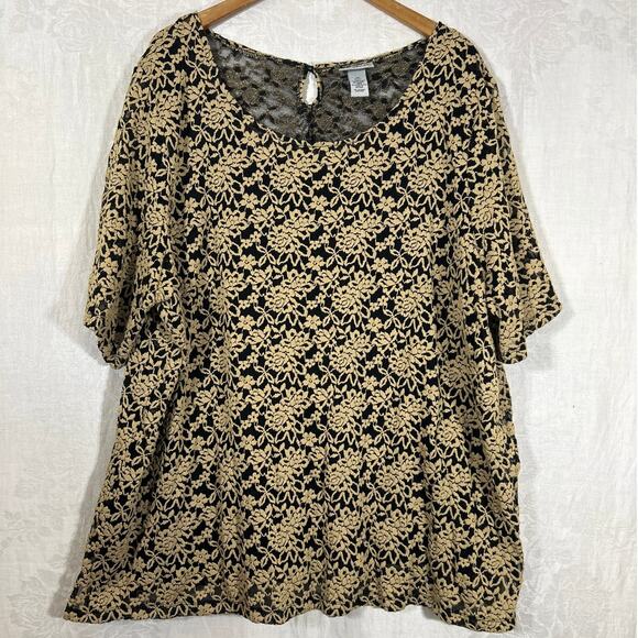Catherines Top 4X Tan Floral Sheer Black Lined Short Sleeve - Picture 1 of 11